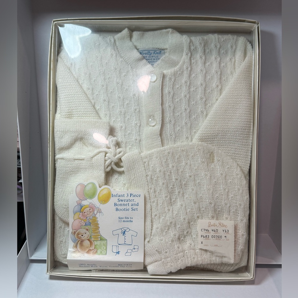 Vintage 1970s 1980s Novelty Knit Infant 3 Piece Sweater Bonnet Bootie Set NEW